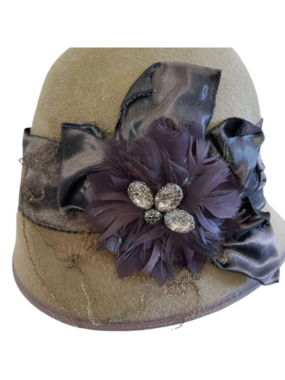 Louise Green Brown Wool Cloche Hat Satin Ribbon Feather Rhinestone Flower Accent